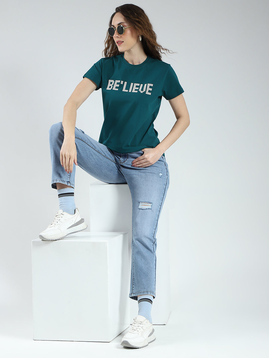 Women Teal Blue Printed Round Neck Half Sleeve Top