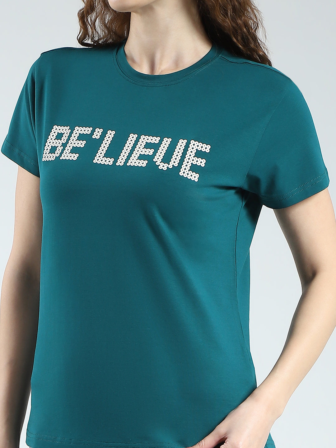 Women Teal Blue Printed Round Neck Half Sleeve Top