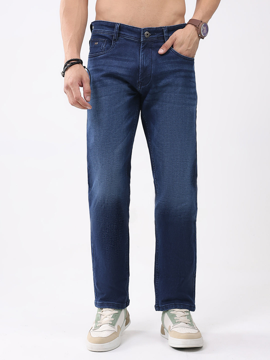 Men Blue Solid Straight Fit Denim
