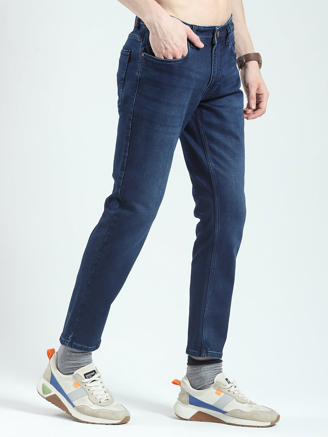 Men Blue Solid Ankle Length Denim