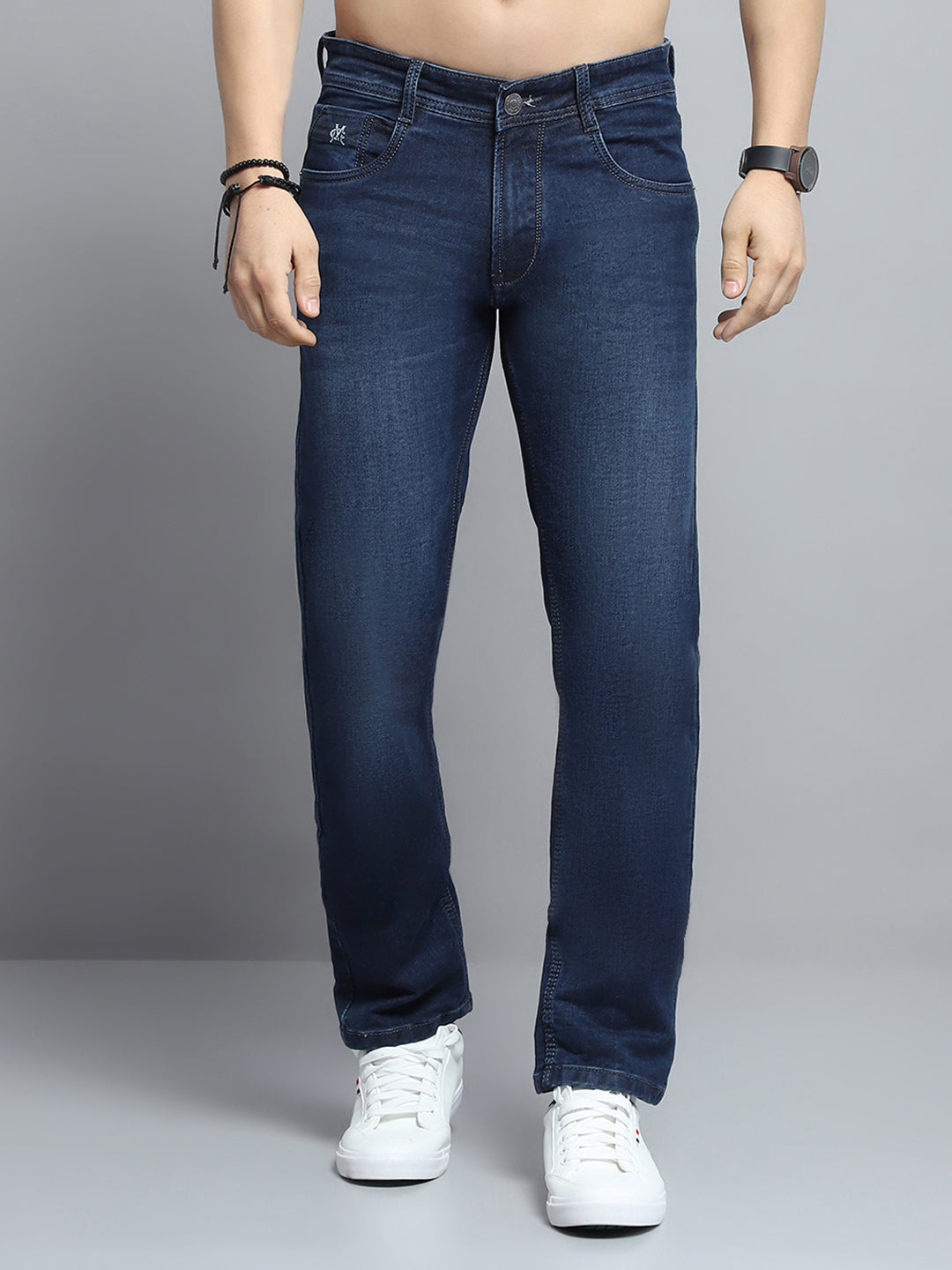 Men Blue Solid Narrow Fit Denim