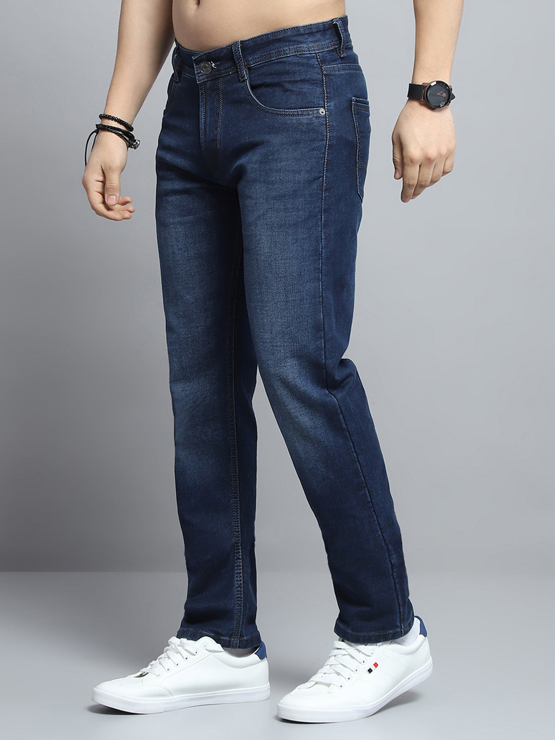 Men Blue Solid Narrow Fit Denim