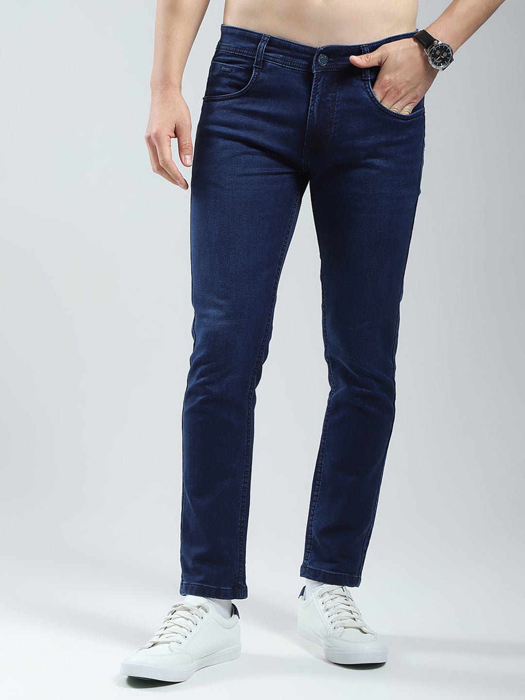 Men Blue Solid Ankle Length Denim