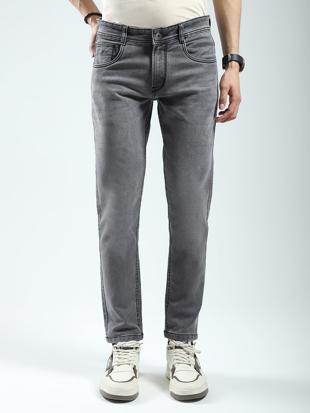 Men Grey Solid Ankle Length Denim