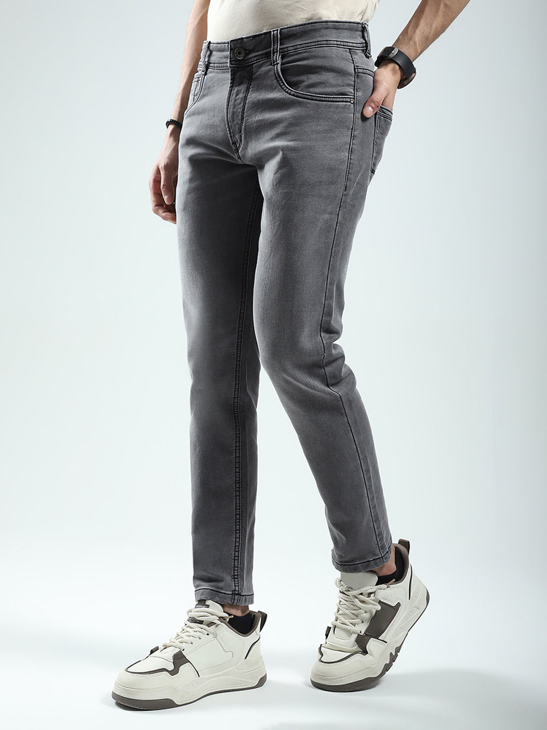 Men Grey Solid Ankle Length Denim