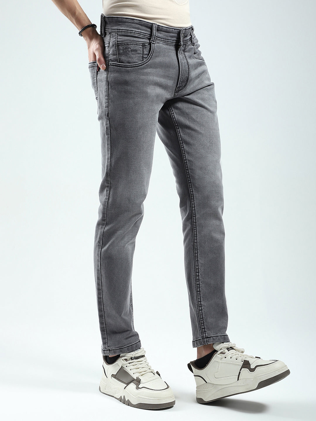 Men Grey Solid Ankle Length Denim
