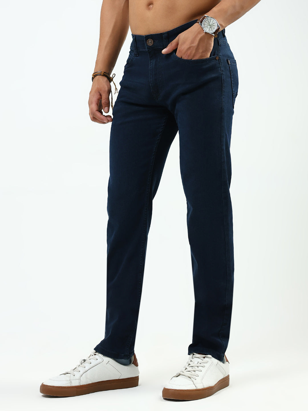 Men Blue Solid Narrow Fit Denim