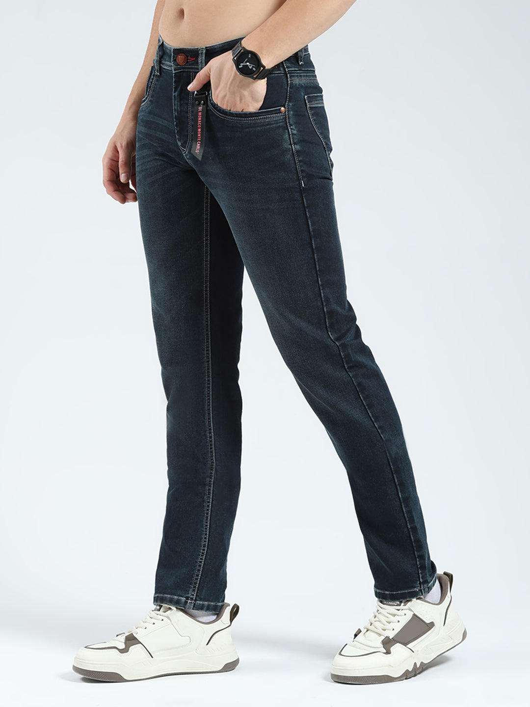 Men Green Solid Narrow Fit Denim