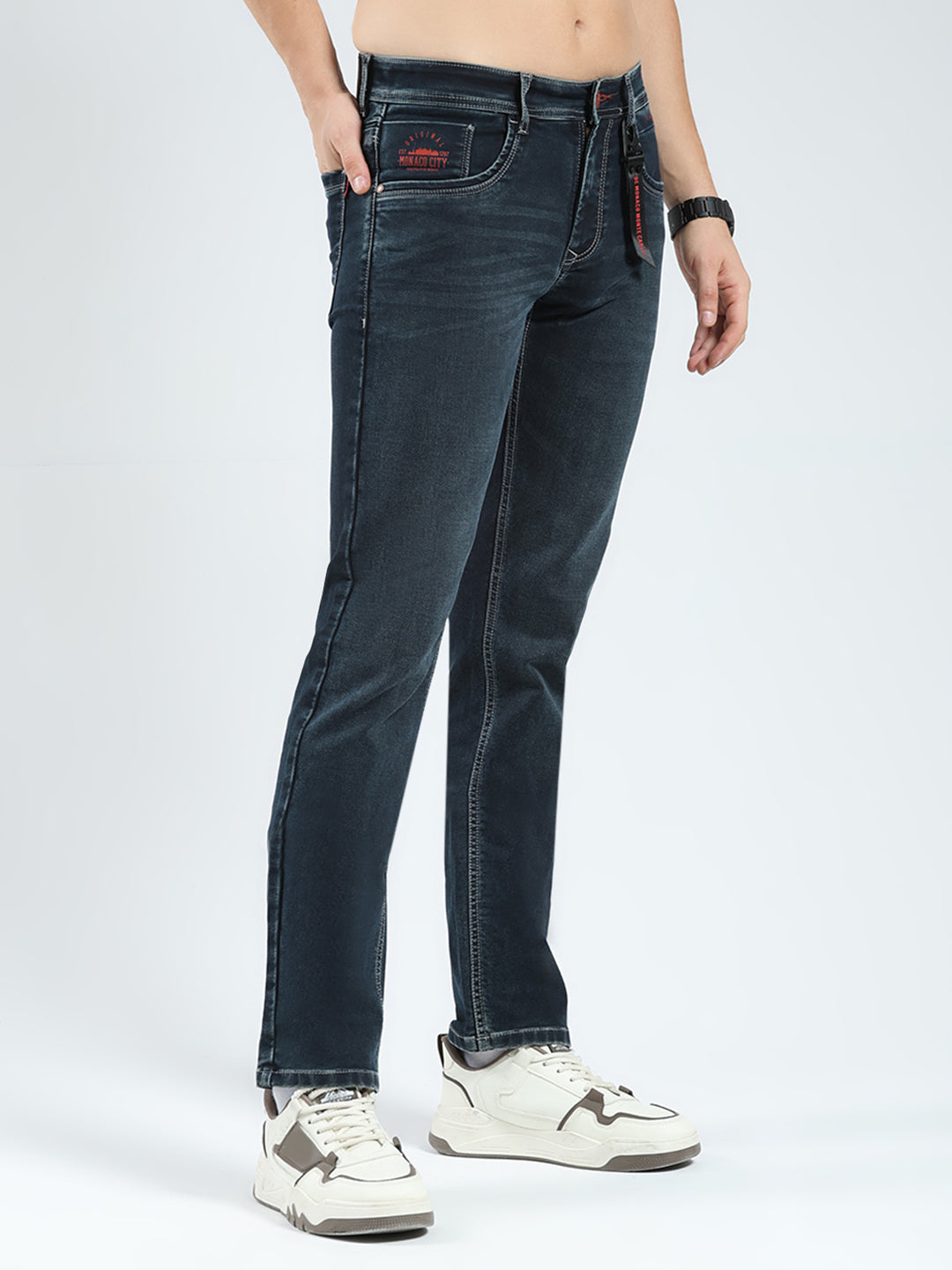 Men Green Solid Narrow Fit Denim