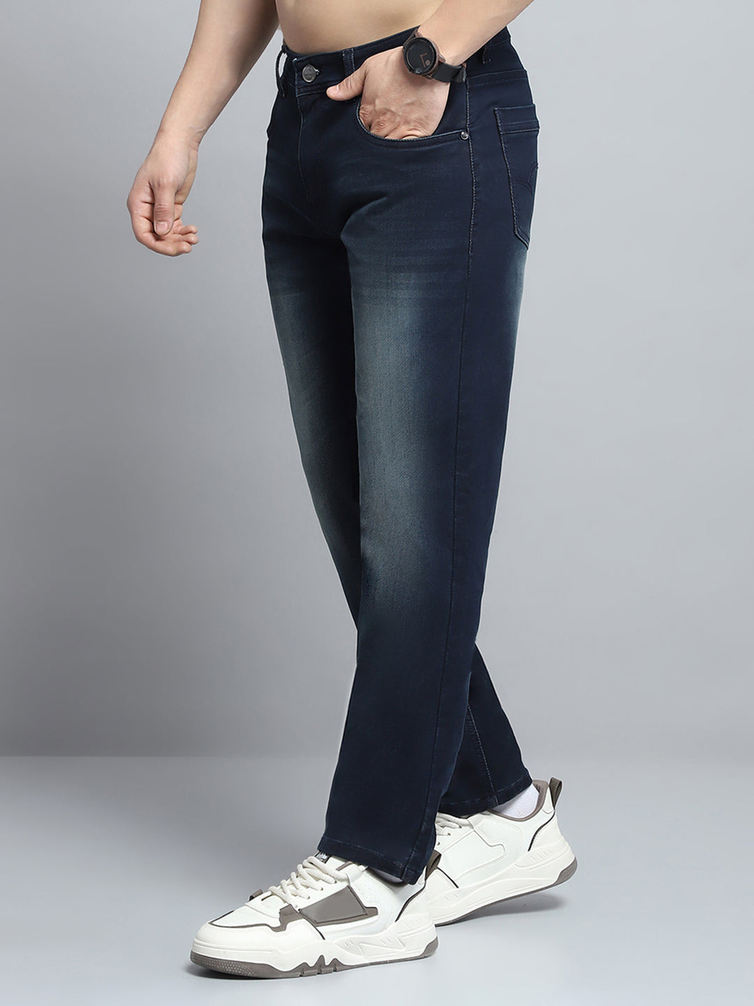 Men Blue Solid Straight Fit Denim