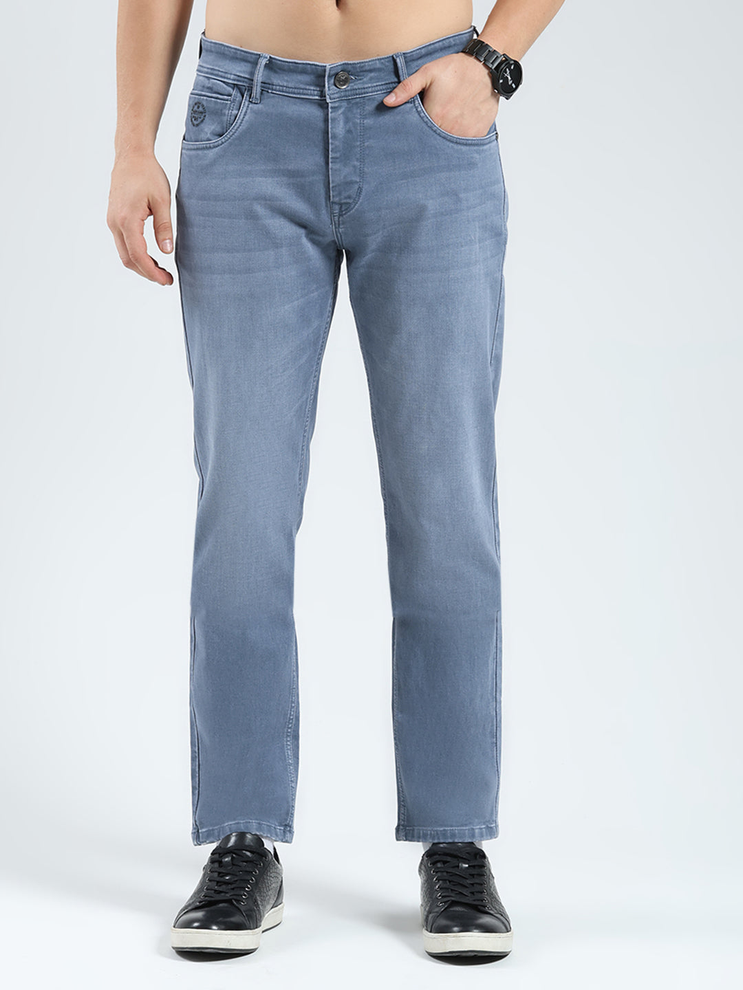 Men Grey Solid Straight Fit Denim