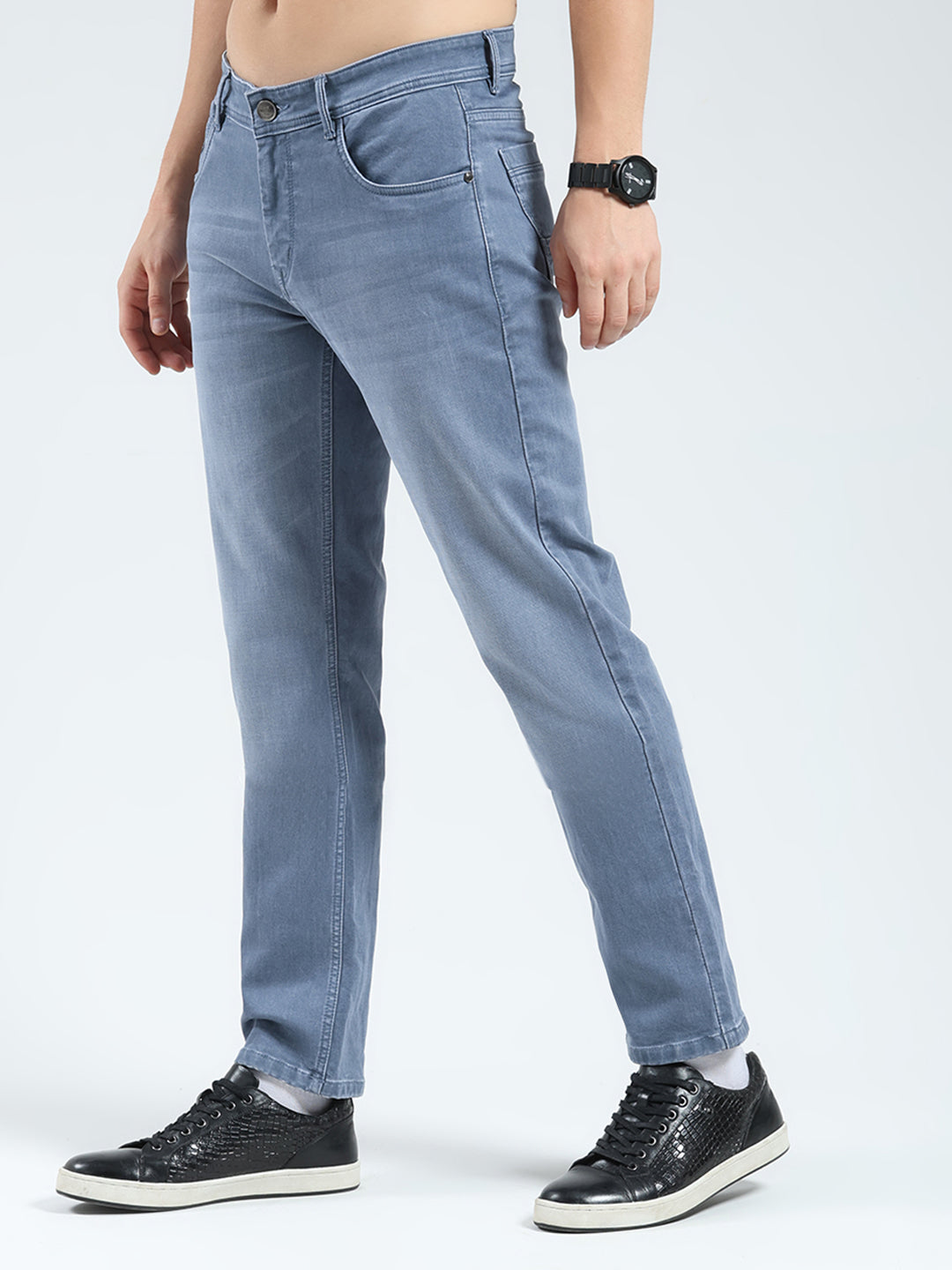 Men Grey Solid Straight Fit Denim