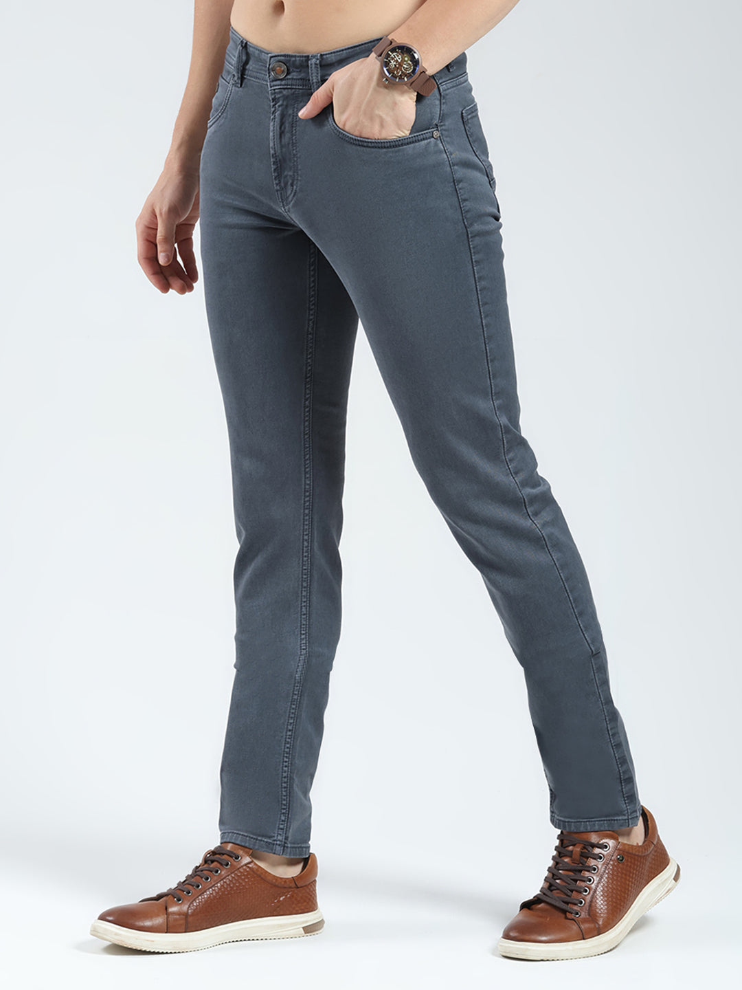 Men Grey Solid Narrow Fit Denim