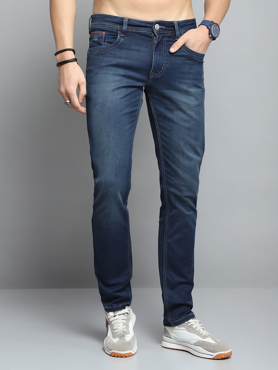 Men Blue Solid Narrow Fit Denim