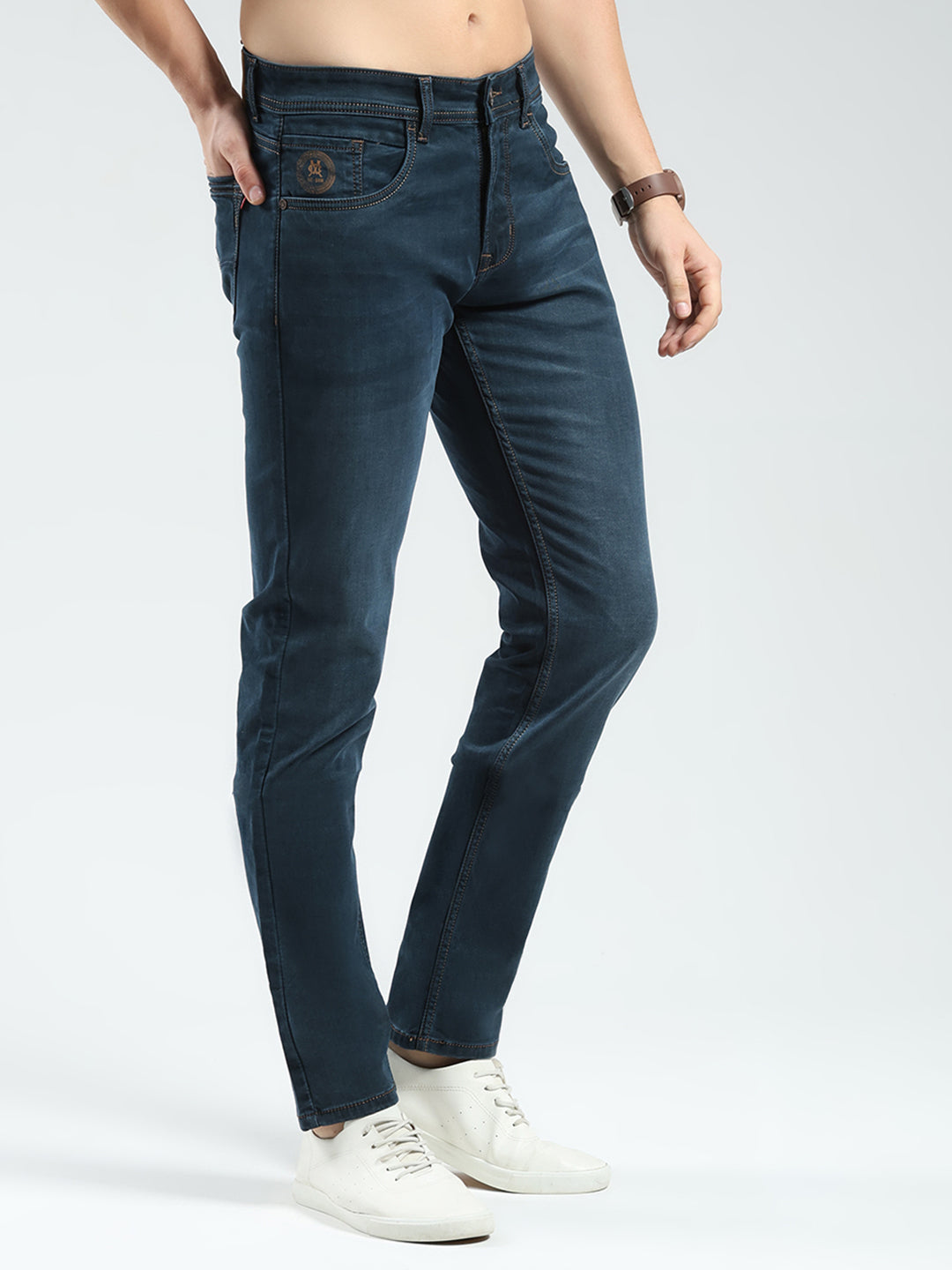 Men Green Solid Narrow Fit Denim