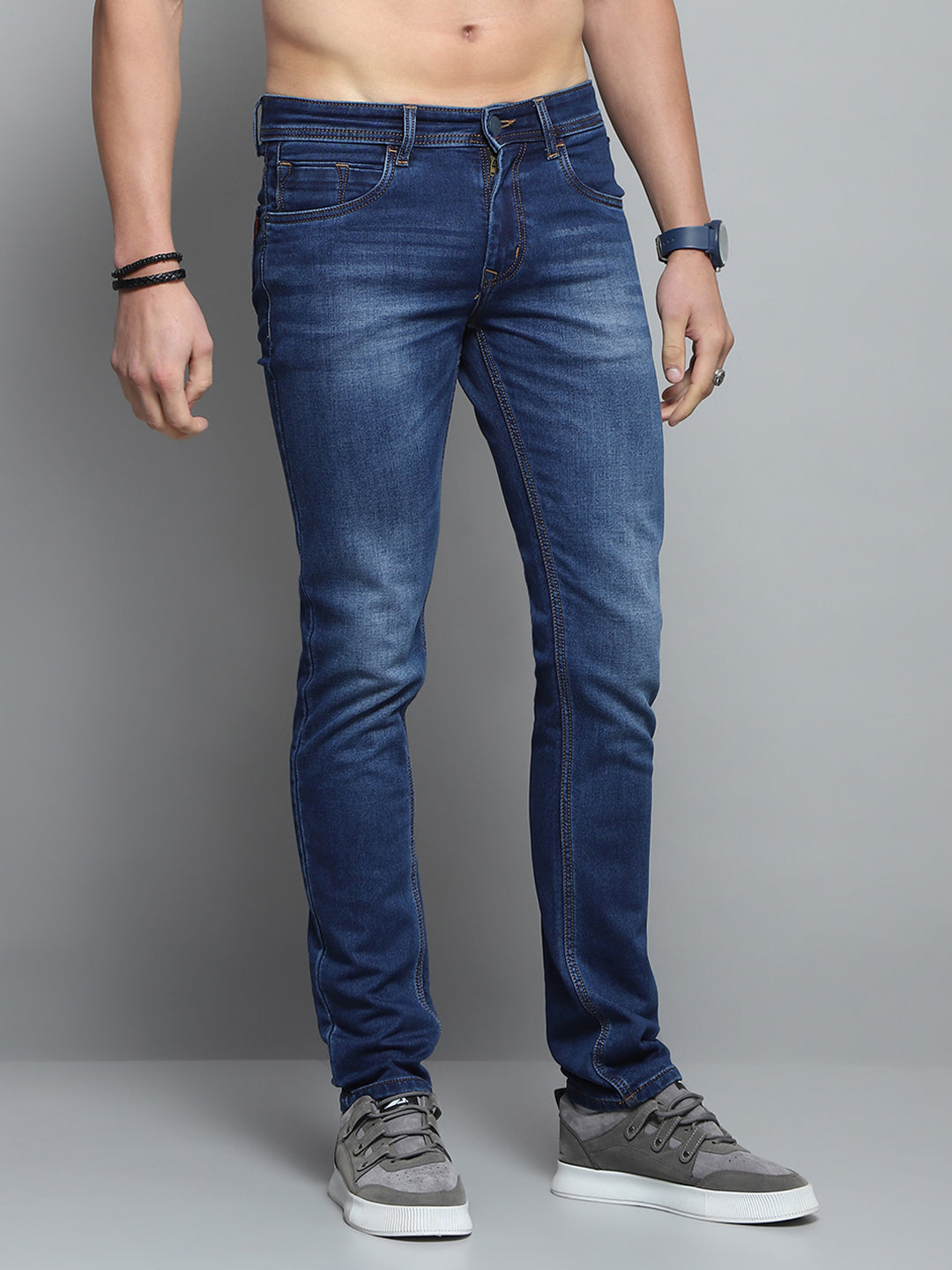 Men Blue Solid Narrow Fit Denim