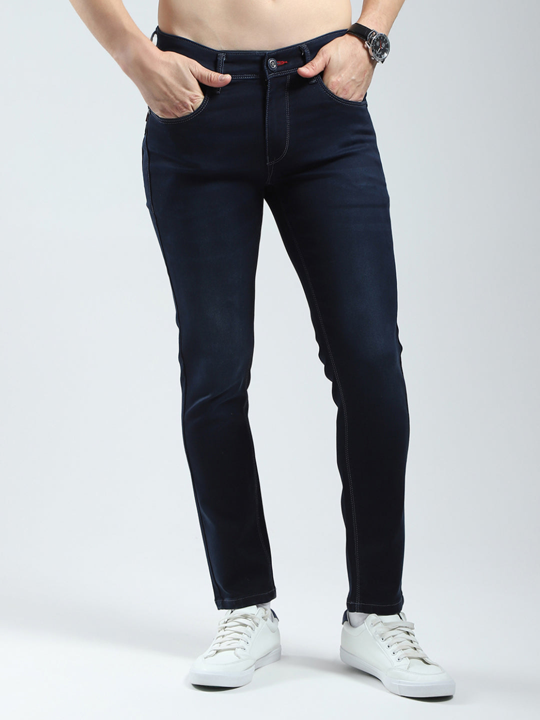 Men Navy Blue Solid Ankle Length Denim