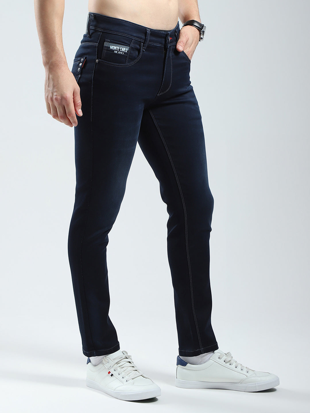 Men Navy Blue Solid Ankle Length Denim