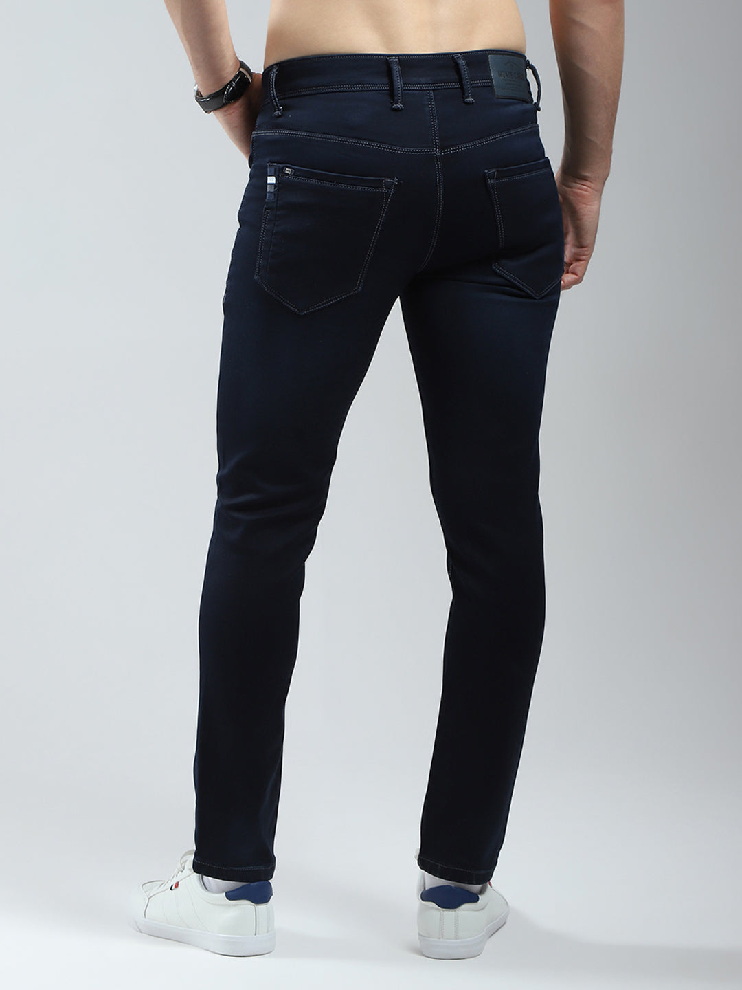 Men Navy Blue Solid Ankle Length Denim