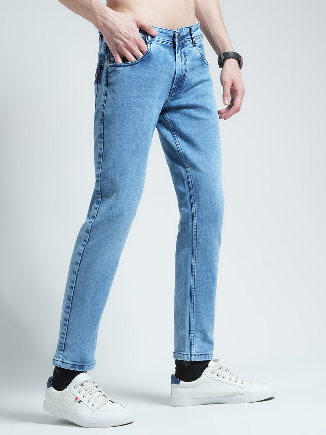 Men Blue Solid Ankle Length Denim