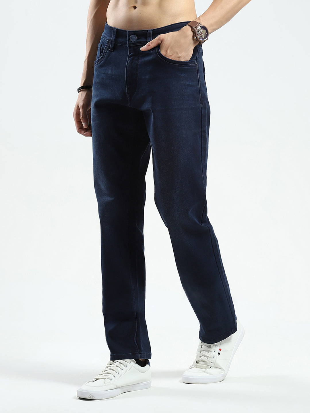 Men Blue Solid Narrow Fit Denim
