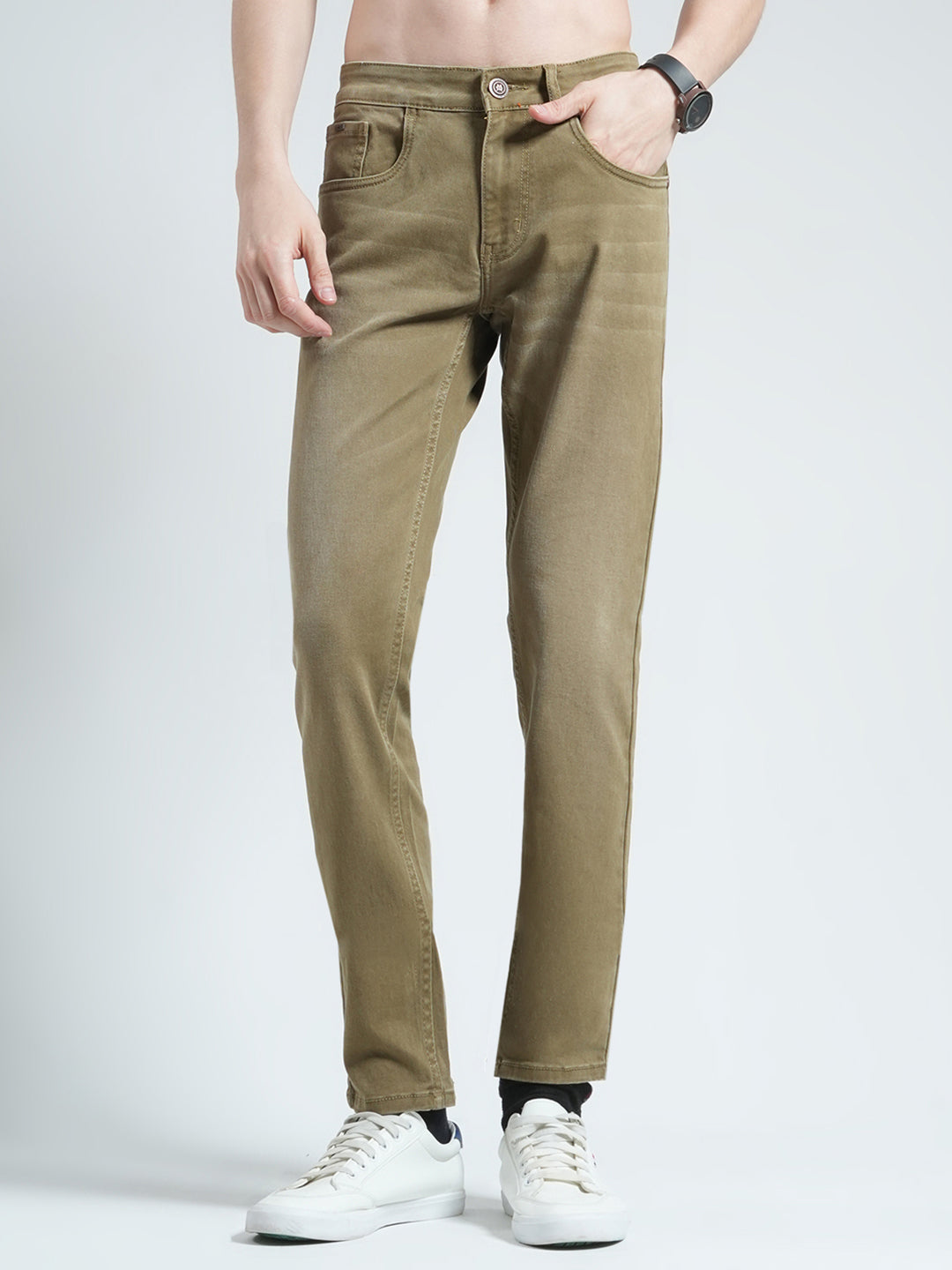 Men Khaki Solid Skinny Fit Denim