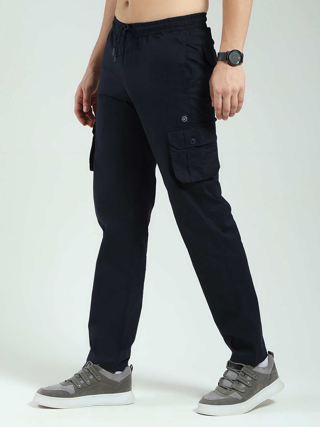 Men Navy Blue Solid Regular Fit Cargo