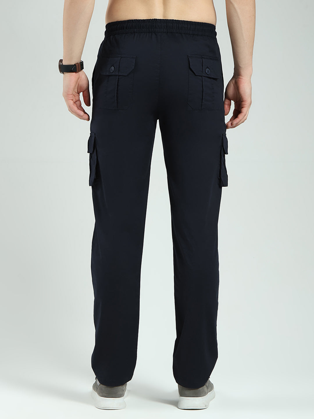 Men Navy Blue Solid Regular Fit Cargo