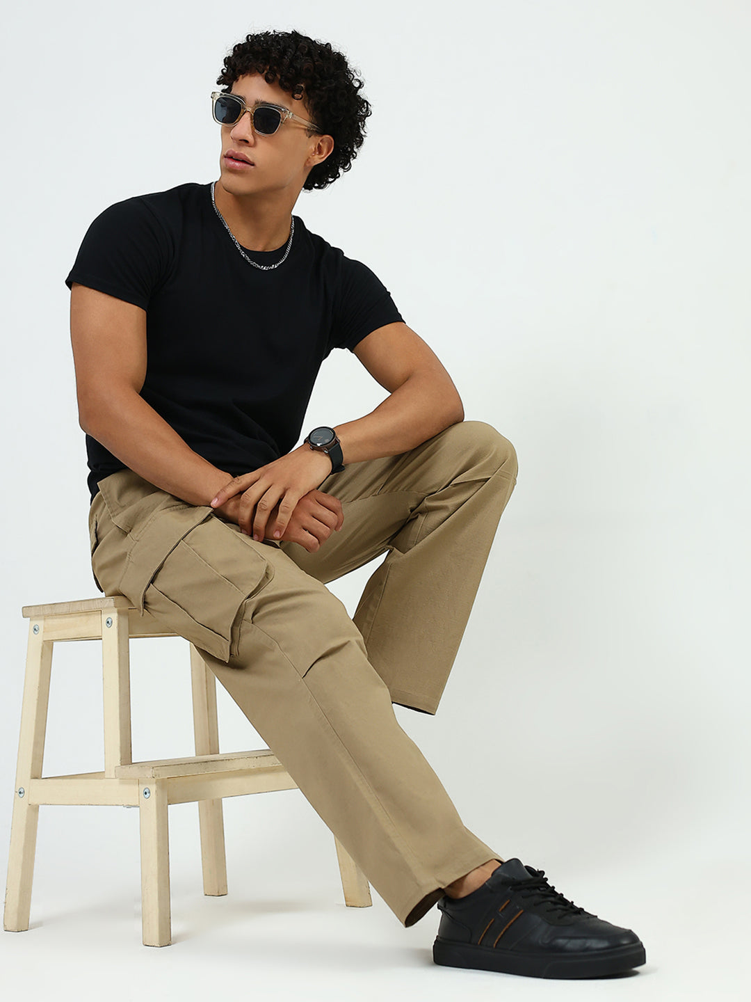 Men Khaki Solid Regular Fit Lower