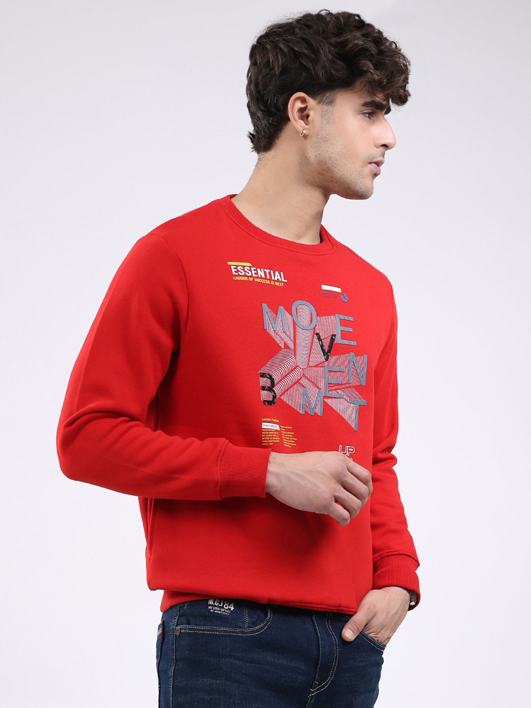 Men Red Printed Round Neck Full Sleeve Sweatshirt