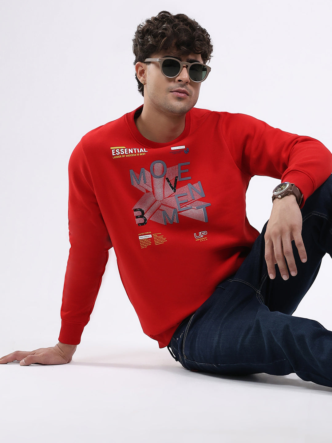 Men Red Printed Round Neck Full Sleeve Sweatshirt