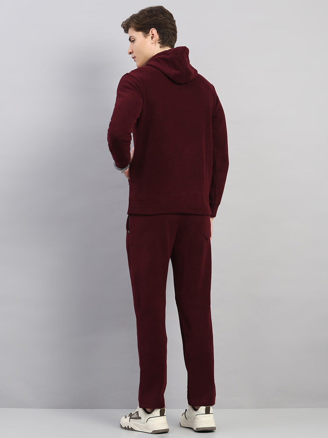 Men Maroon Solid Hooded Full Sleeve Winter Tracksuit