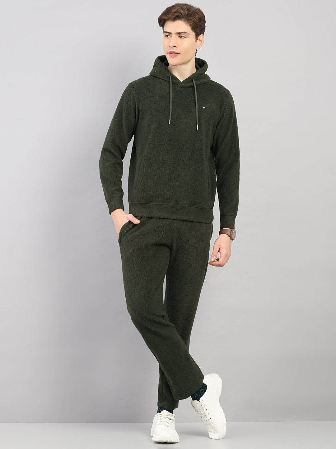 Men Olive Solid Hooded Full Sleeve Winter Tracksuit