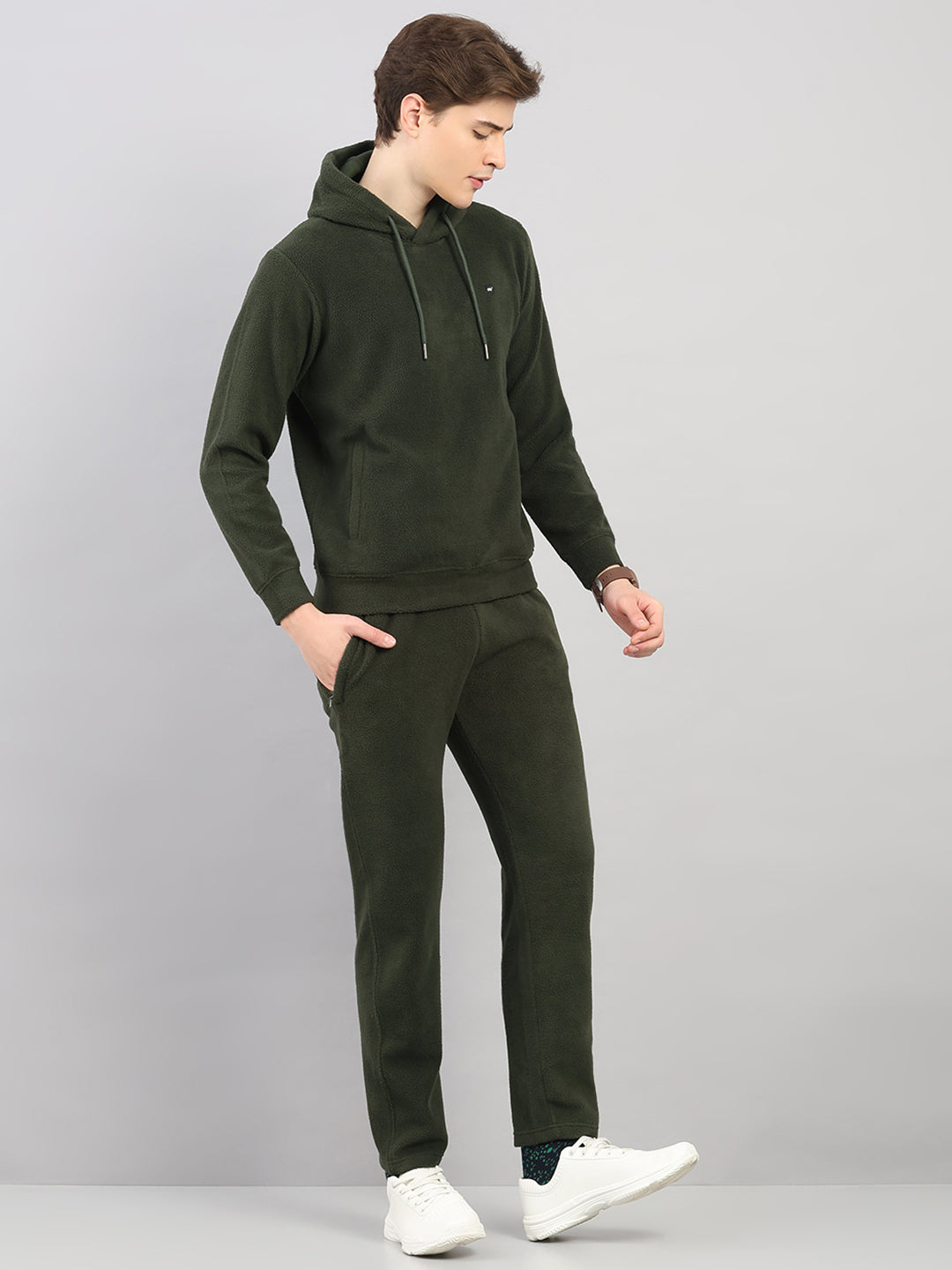 Men Olive Solid Hooded Full Sleeve Winter Tracksuit