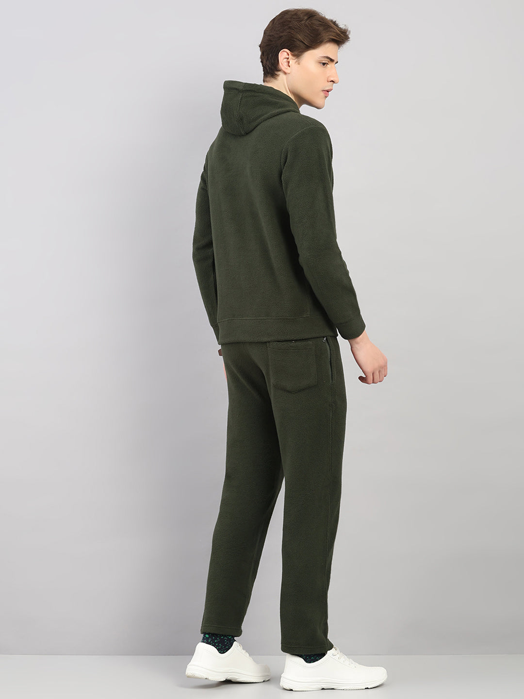 Men Olive Solid Hooded Full Sleeve Winter Tracksuit