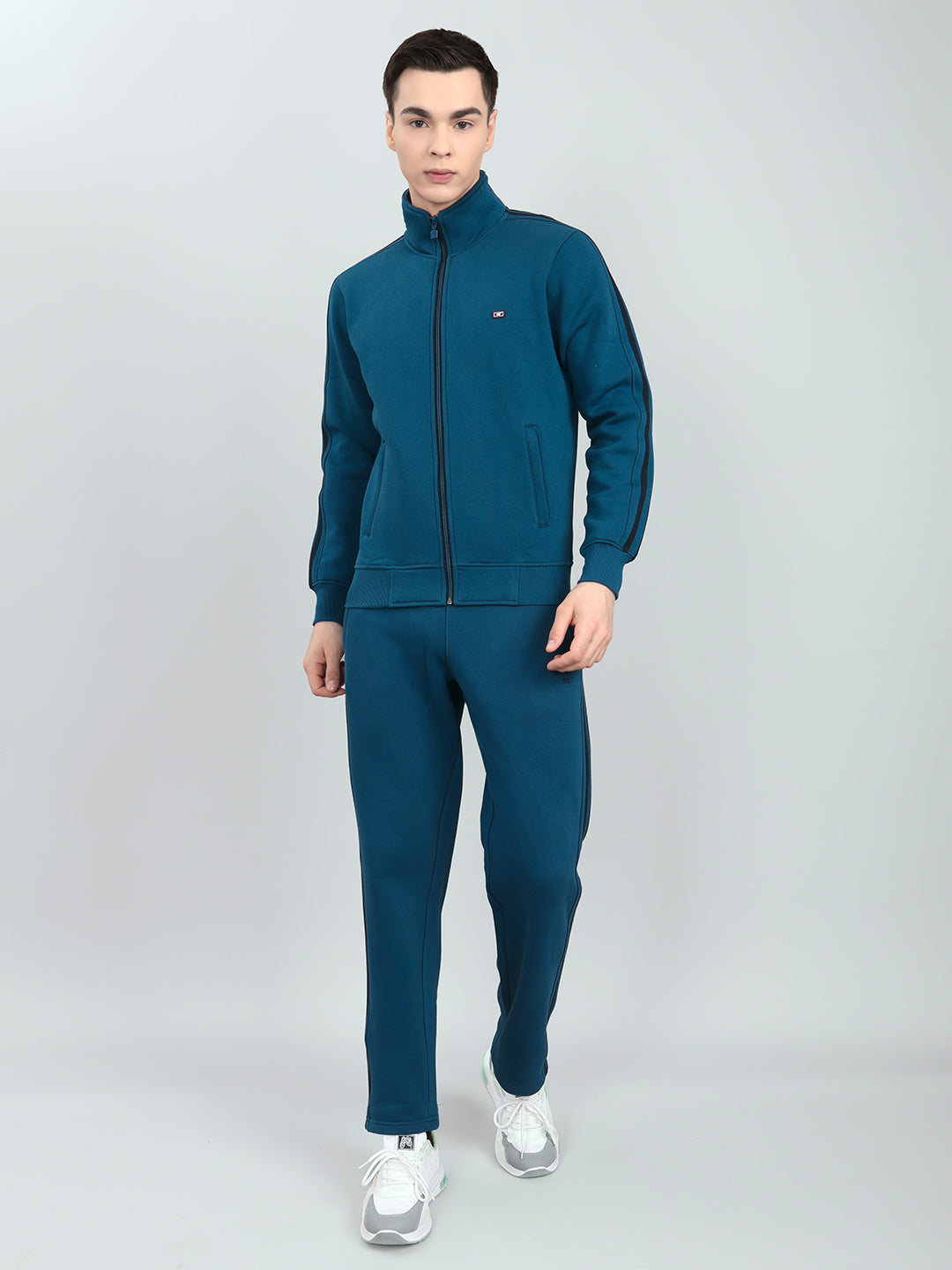 Men Teal Blue Solid Stand Collar Full Sleeve Winter Tracksuit
