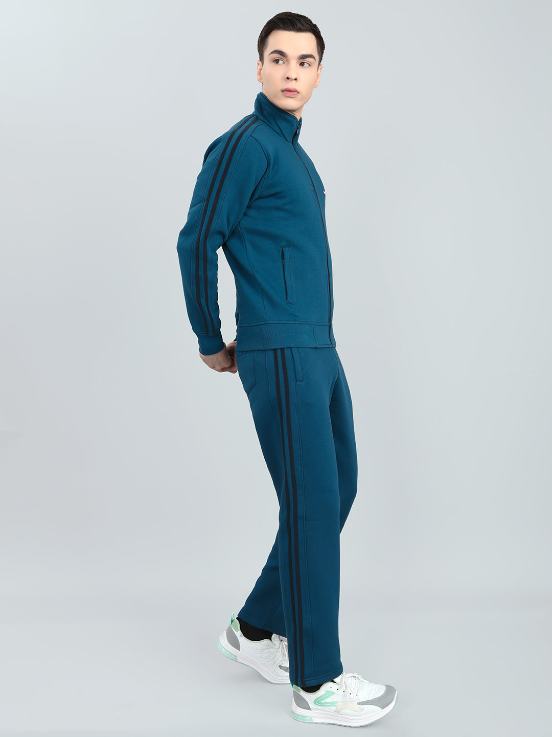 Men Teal Blue Solid Stand Collar Full Sleeve Winter Tracksuit