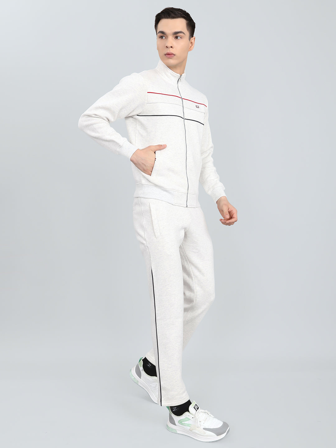 Men Off White Solid Mandarin Collar Full Sleeve Winter Tracksuit
