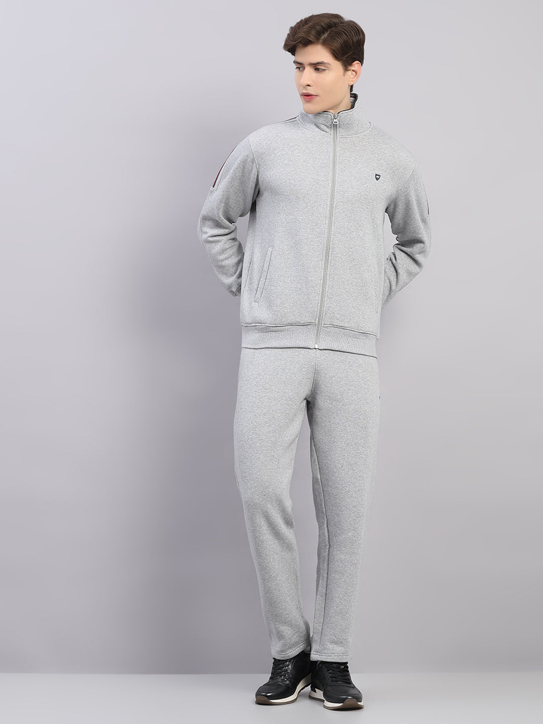 Men Grey Solid Stand Collar Full Sleeve Winter Tracksuit