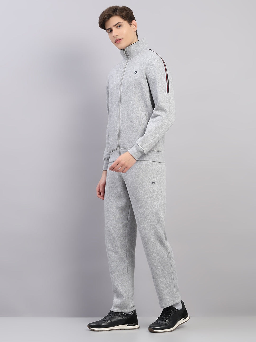 Men Grey Solid Stand Collar Full Sleeve Winter Tracksuit