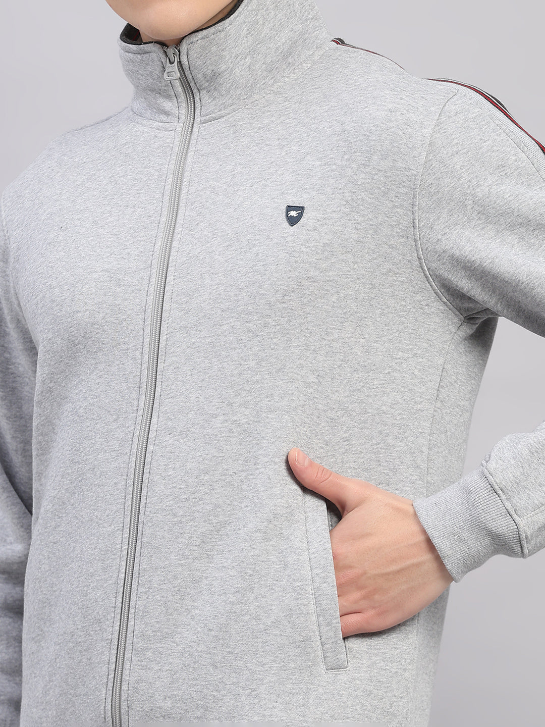 Men Grey Solid Stand Collar Full Sleeve Winter Tracksuit