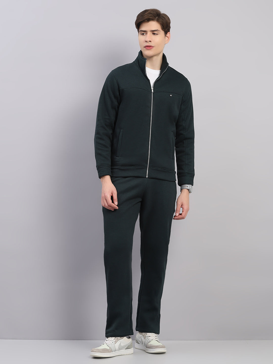 Men Charcoal Solid Stand Collar Full Sleeve Winter Tracksuit