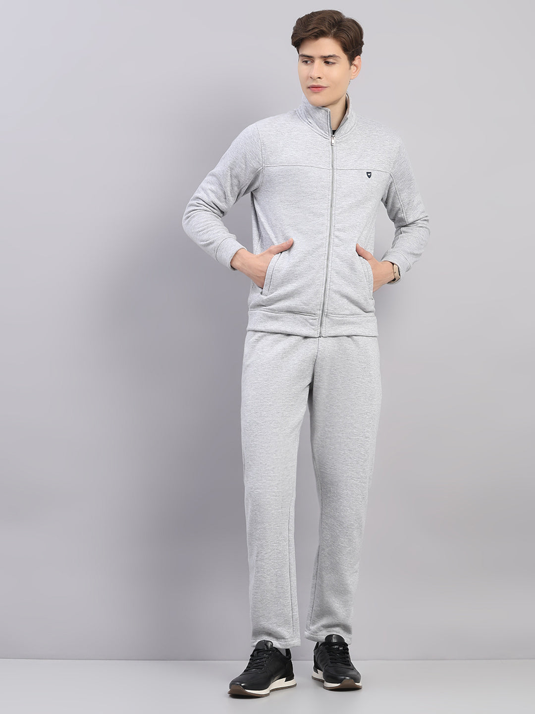 Men Grey Solid Stand Collar Full Sleeve Winter Tracksuit