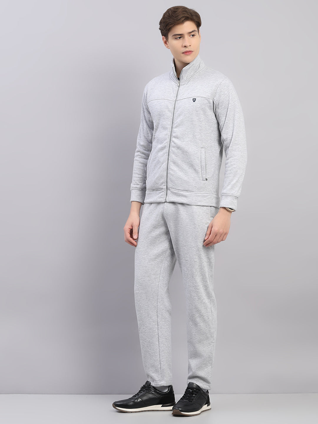 Men Grey Solid Stand Collar Full Sleeve Winter Tracksuit