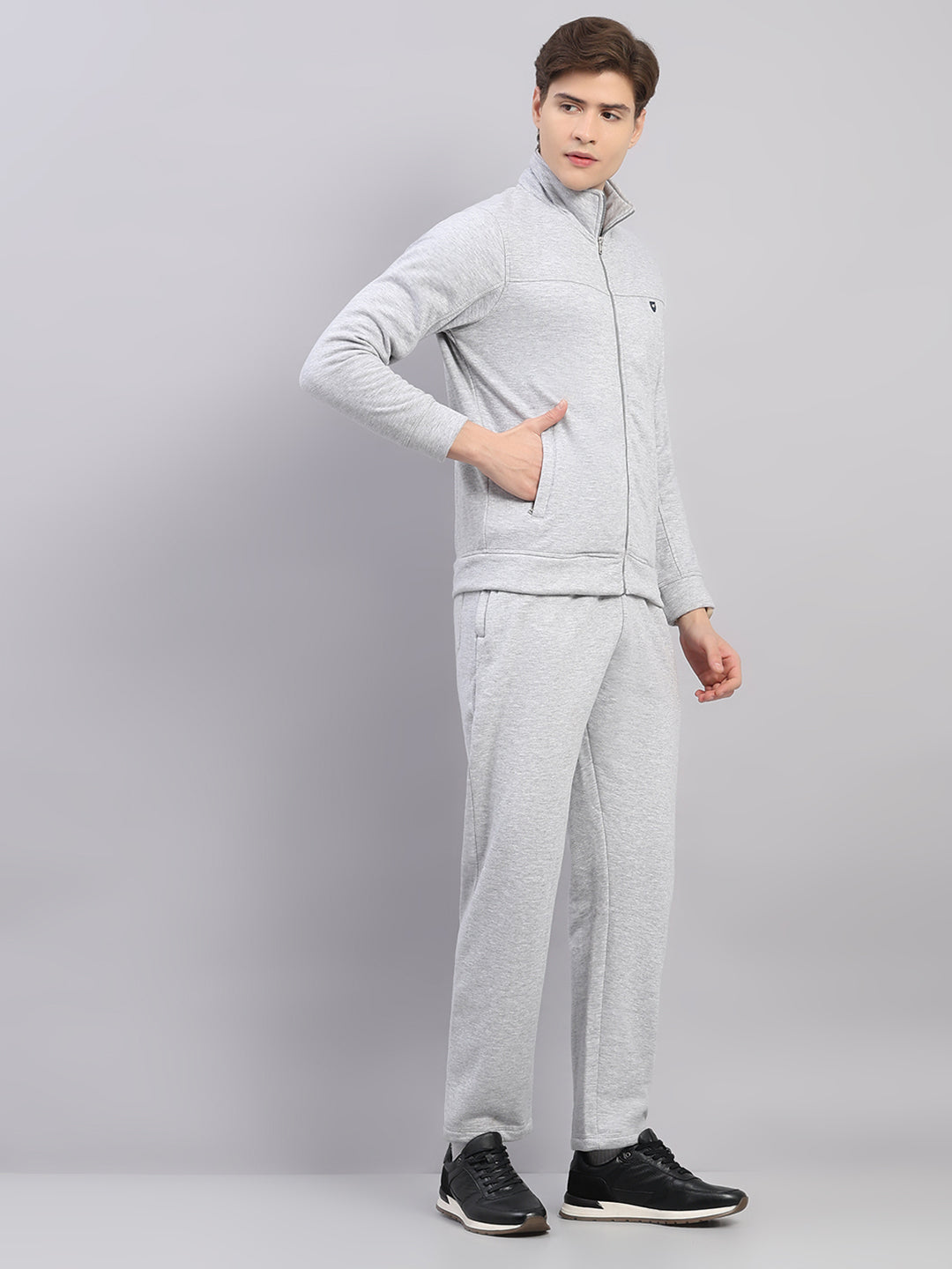 Men Grey Solid Stand Collar Full Sleeve Winter Tracksuit