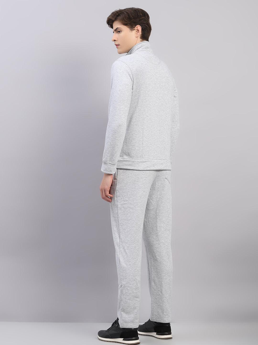 Men Grey Solid Stand Collar Full Sleeve Winter Tracksuit