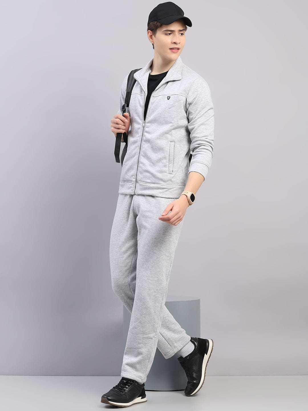 Men Grey Solid Stand Collar Full Sleeve Winter Tracksuit
