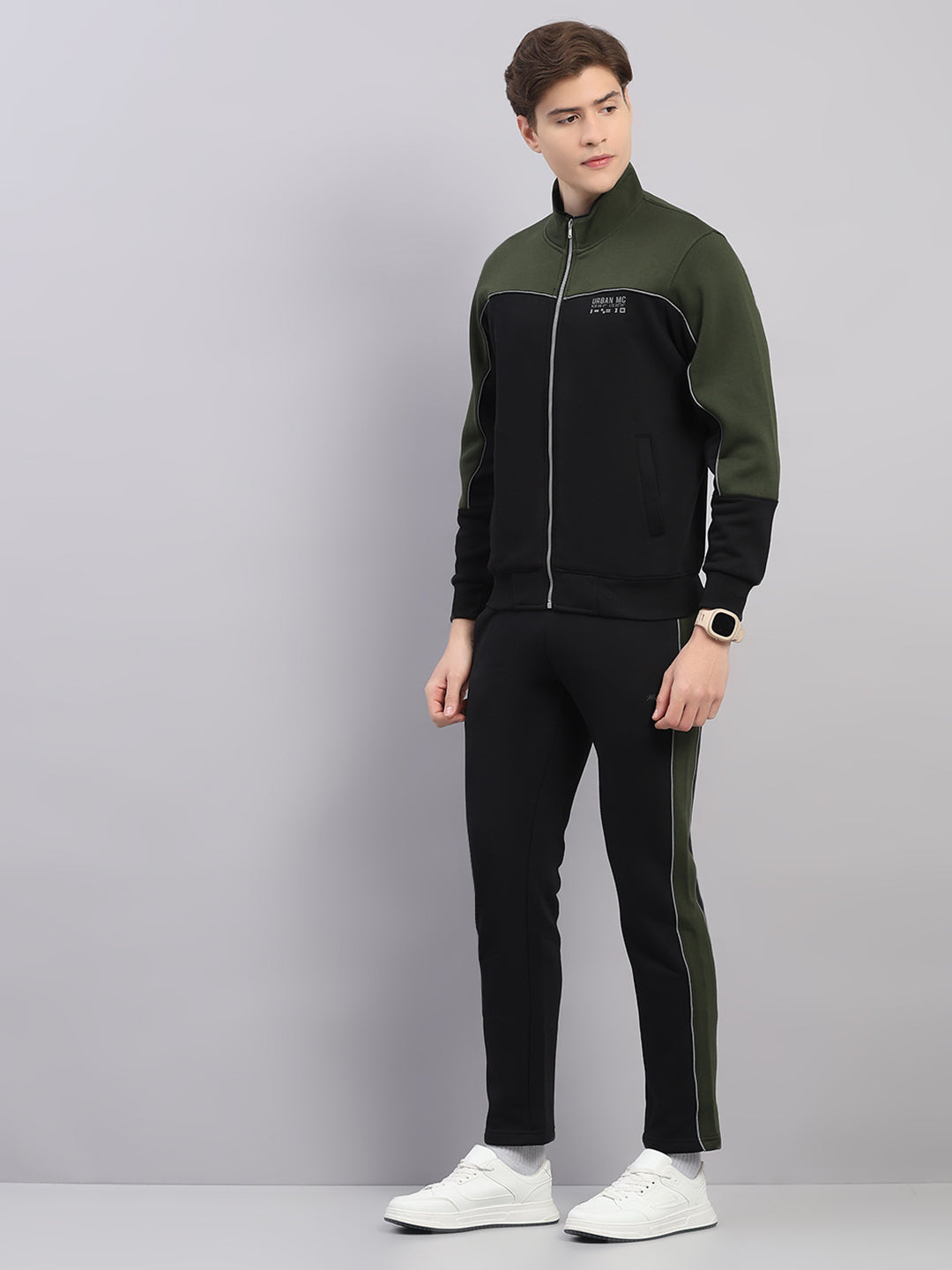 Men Black Self Design Stand Collar Full Sleeve Winter Tracksuit