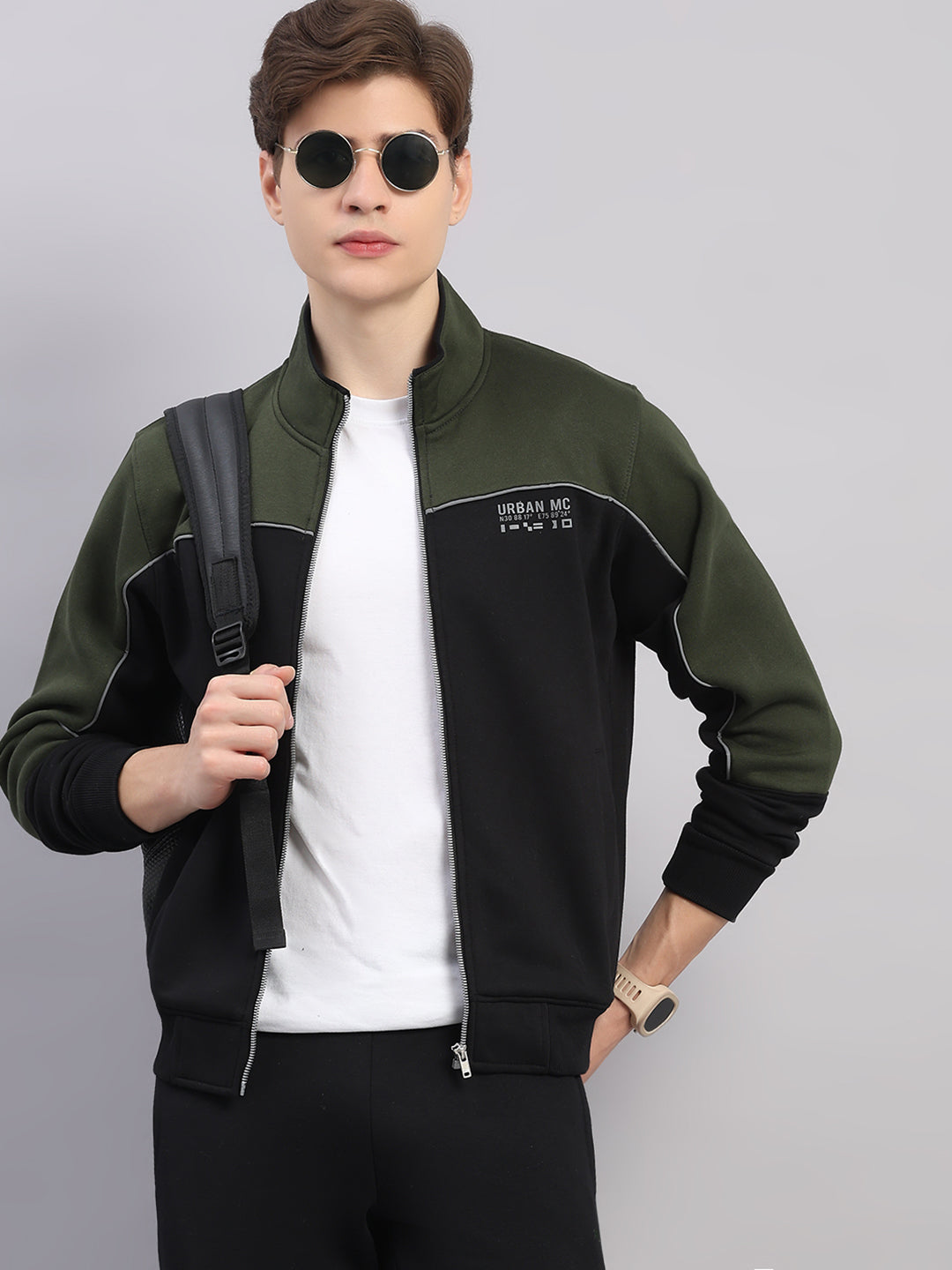 Men Black Self Design Stand Collar Full Sleeve Winter Tracksuit