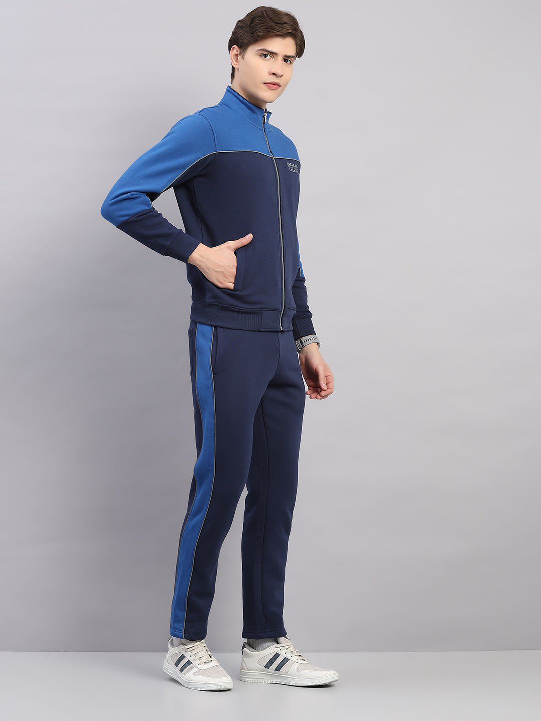Men Navy Blue Self Design Stand Collar Full Sleeve Winter Tracksuit